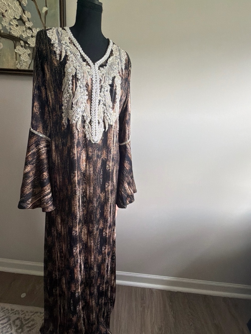 Embroidered Black and Brown V-Neck Maxi Dress mukhawar